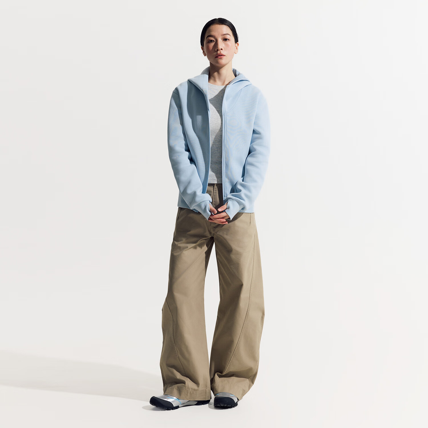 NORYBRAND 25SS廓形弯刀裤抽折弧线多细节长裤简约百搭宽松休闲裤 灰绿色 S