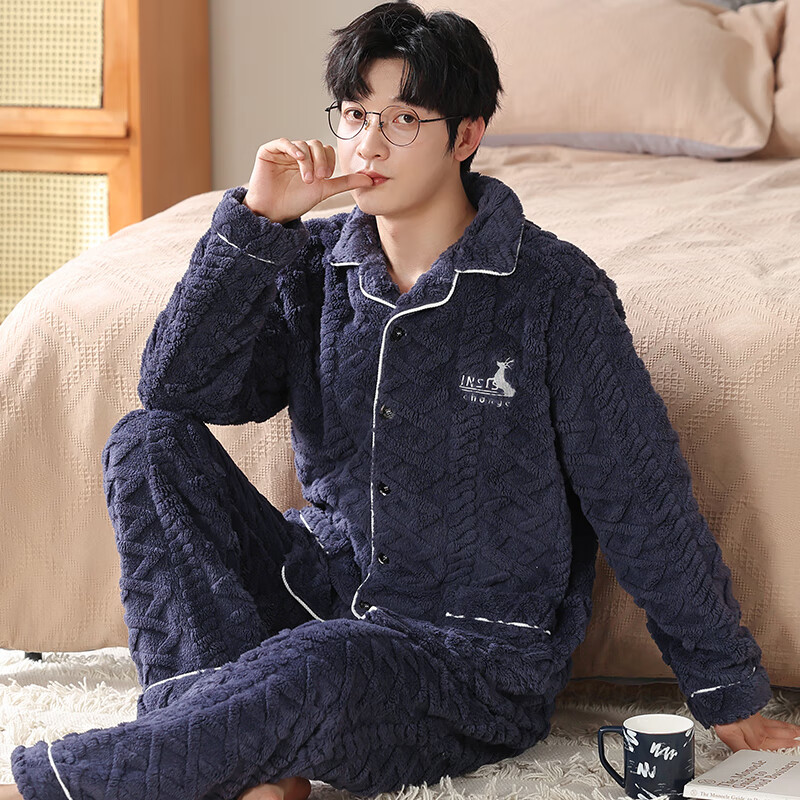 芬腾可安法兰绒秋冬季新品睡衣男士开衫加厚保暖珊瑚绒家居服套装