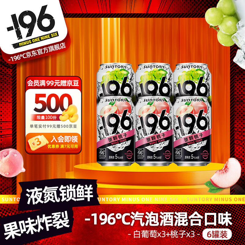SUNTORY -196°C三得利果酒黑科技汽泡鸡尾酒330ml*6（白葡萄+桃子 ）聚会冰饮