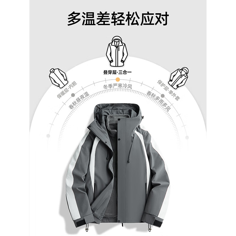 JEEP SPIRIT吉普户外冲锋衣男加绒加厚三合一可拆卸内胆外套防风秋冬季登山服 黑白【三合一】 3XL