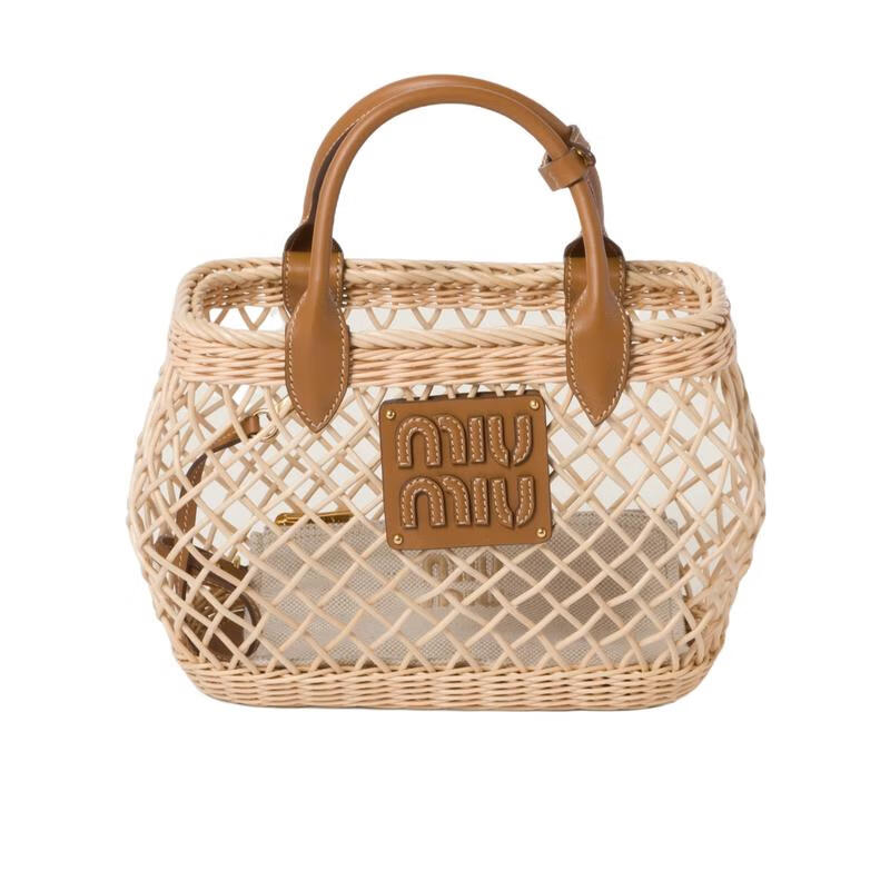 繆繆（MiuMiu）女編織包可調(diào)節(jié)肩帶可拆卸內(nèi)袋輕便收納鏤空藤編材質(zhì)送女友 裸色 均碼