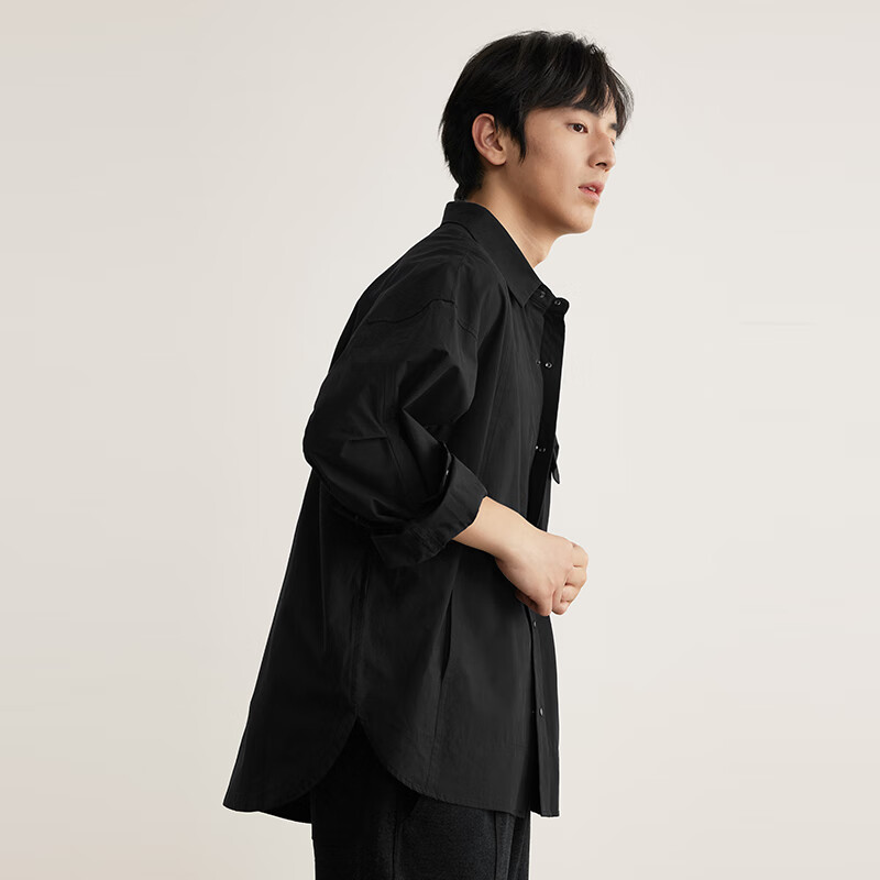 MARKLESS秋季新款衬衫男100%棉尖领宽松上衣纯色亲肤长袖衬衣外套CSB5506M 黑色 常规 M