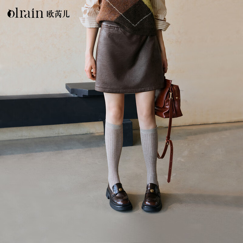 Olrain欧芮儿新款女装冬季气质摩卡棕包臀皮高腰显瘦半身裙短裙 咖色 S 155/64A/S