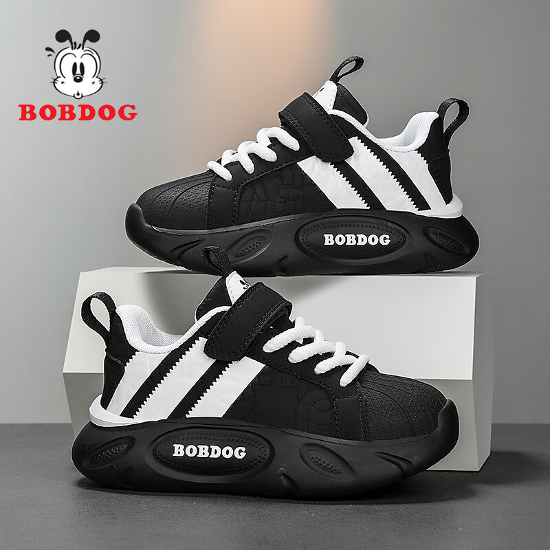 巴布豆（BOBDOG）男童鞋子儿童运动鞋冬季皮面防水加绒保暖二棉鞋中大童防滑休闲鞋 黑白色 【皮面-防水】 35 码鞋内长约22.5CM