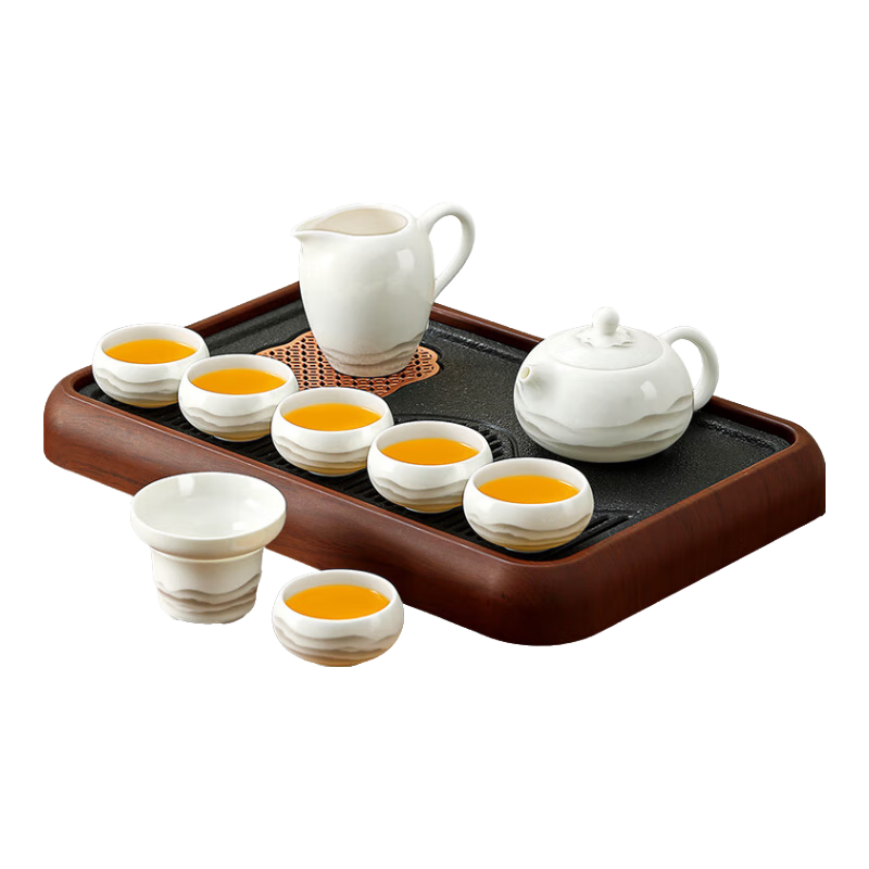 唐豐（TANGFENG）羊脂玉瓷茶具套裝家用高檔泡茶器全套德化白瓷泡茶壺茶杯茶盤(pán)整套 胡桃色密胺觀(guān)云茶盤(pán)(小)+羅漢水墨西施壺12頭