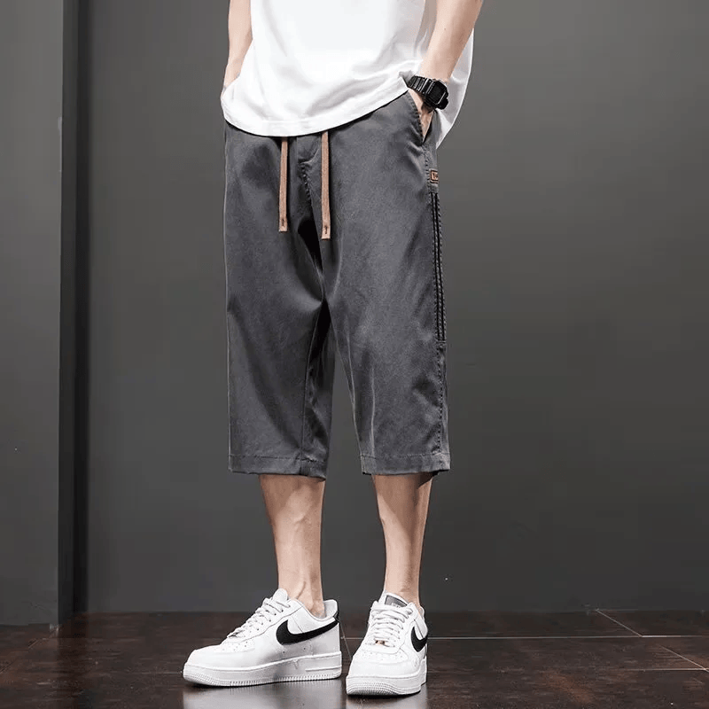 锐图森秋季冰丝休闲短裤时尚宽松透气七分薄款中裤美式条纹宽松直筒短裤 卡其 M （建议80-95斤）