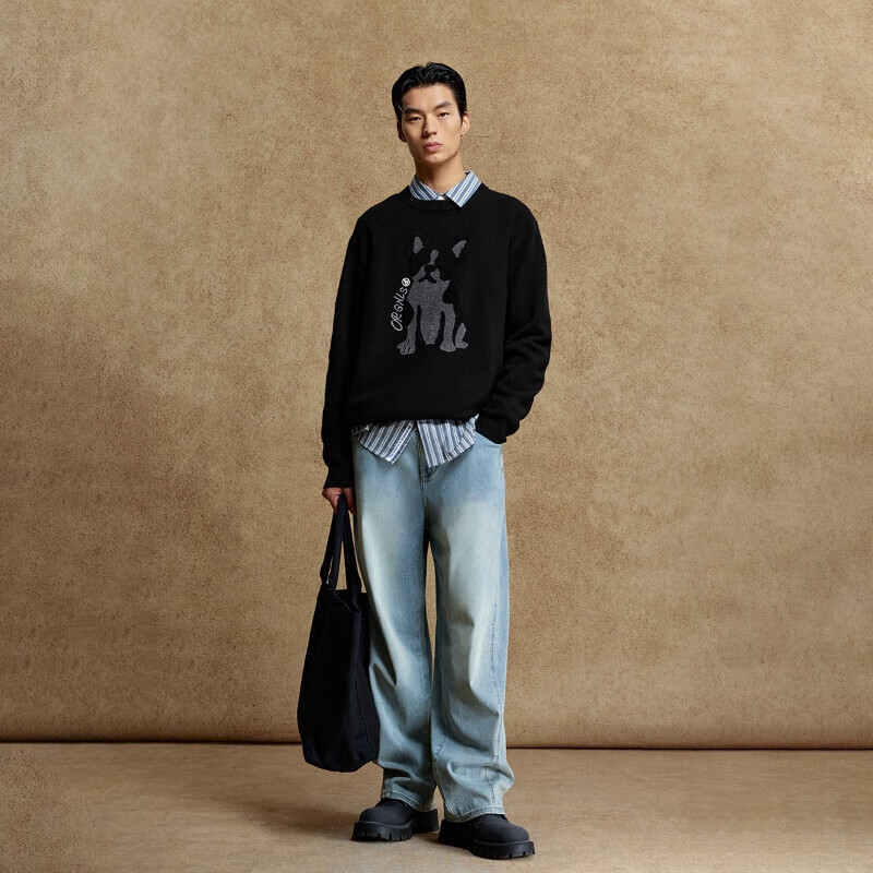 杰克·琼斯(JACK&JONES)男装25年秋冬季毛衣男士雪尼尔亲肤法斗狗宽松休闲圆领针织打底衫 E43纯黑色 常规 M (175)