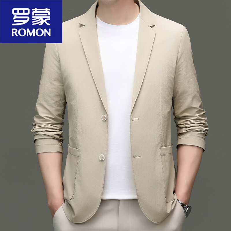 on)男士纯色西服上衣商务休闲中年帅气春秋季新款宽松西装薄 卡其色 m