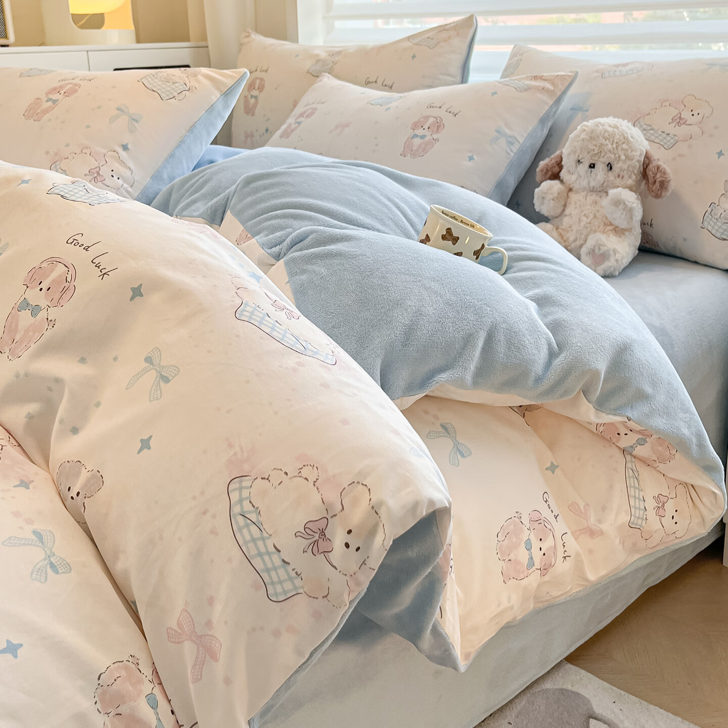 苏萱卡通ab面全棉牛奶绒床上用品四件套冬季珊瑚法兰绒被套床单三件套 棉加绒-星愿萌犬 1.8m 床单款 四件套-被套200x230cm