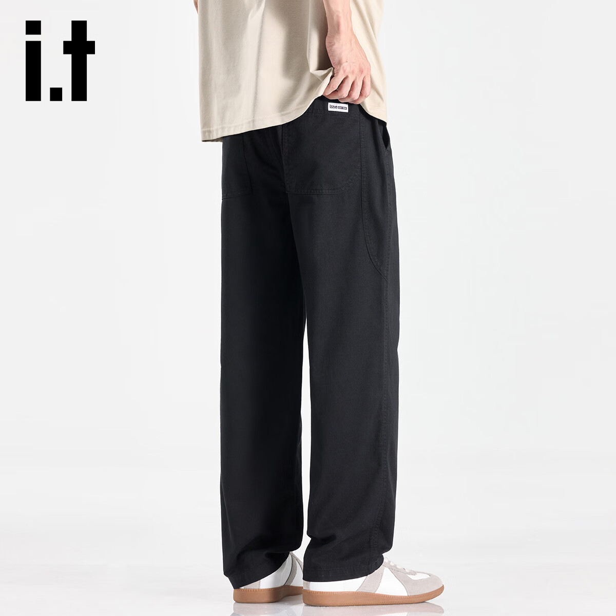 izzueit拼接设计抽绳工装裤纯色简约男士直筒裤秋季宽松舒适休闲裤子男