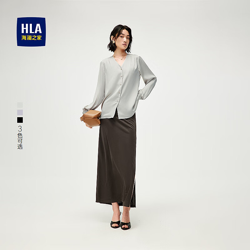 HLA海澜之家长袖衬衫春季25新款宽松有型V领衬衣女装 米杏Y0 S 155/80A 推荐80~95斤