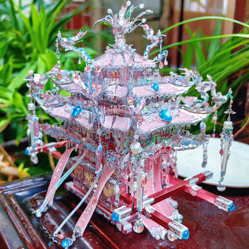 鋼達粉黛银凤冠金属拼图立体3d模型国风喜灯花轿生日结婚送女友礼物 粉黛银花轿+工具