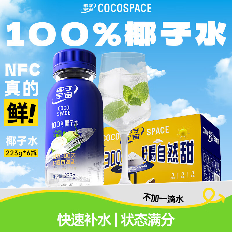 禅宝椰子宇宙100%椰子水天然电解质水椰青NFC果汁饮料223g*6瓶整箱装