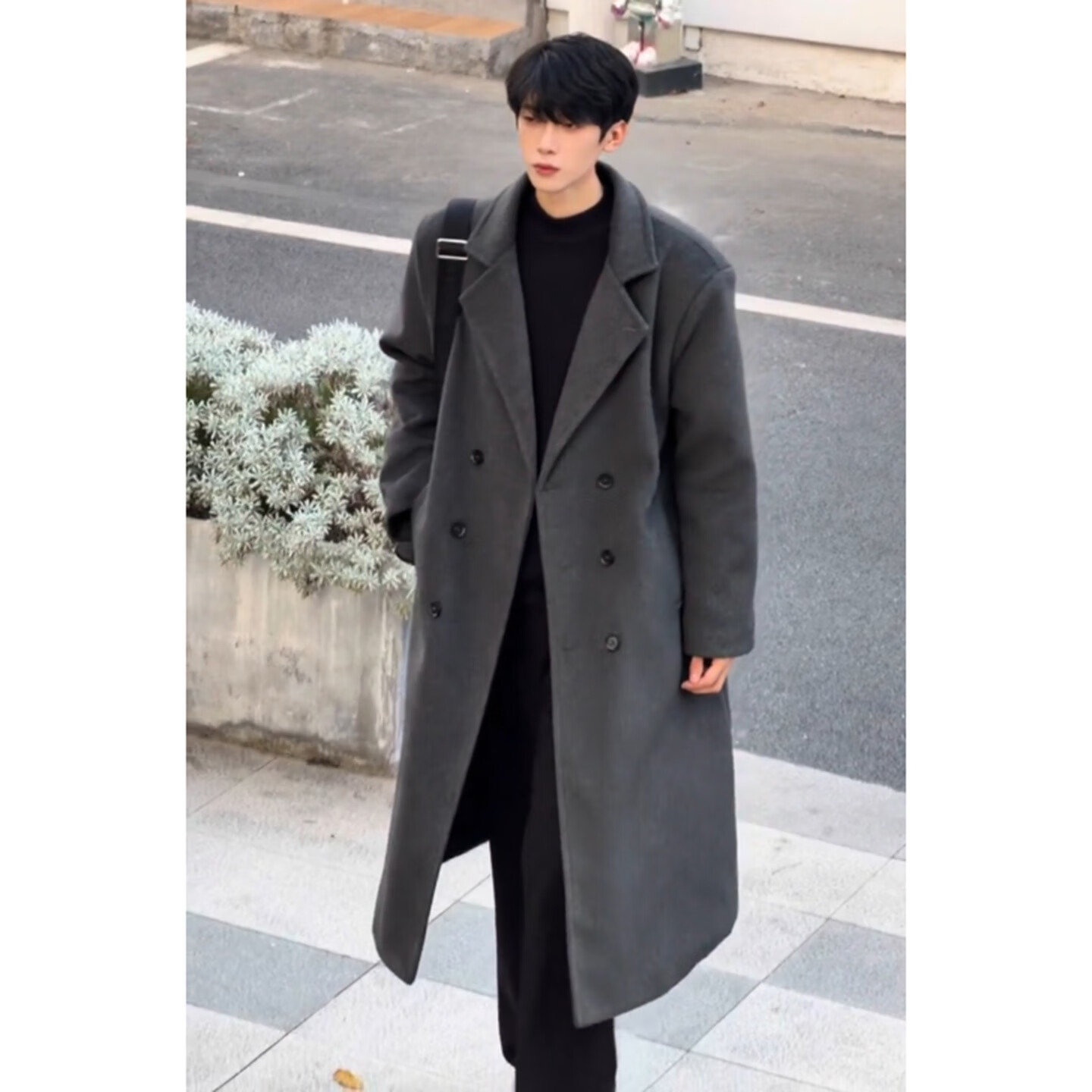 君茵灰色韩系毛呢大衣男款秋冬季高级感中长款宽松加厚呢子风衣外套男 深灰色 XL