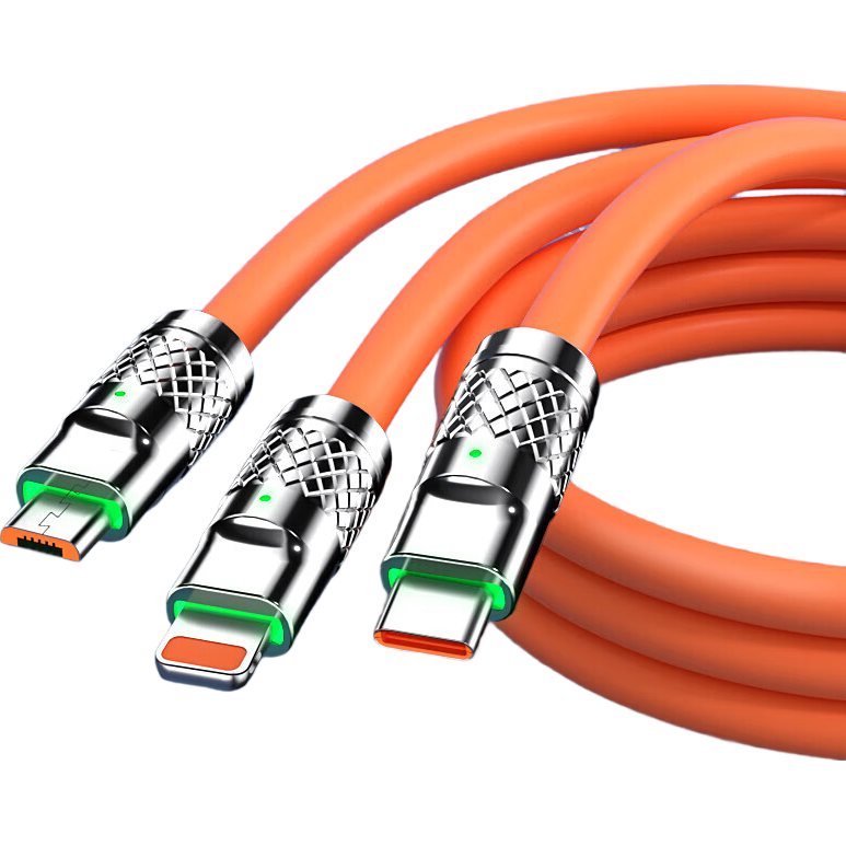 机客数据线三合一充电线一拖三120W快充极客线适用于苹果华为type-c安卓手机平板ipad通用加粗 【橙色】极客一拖三 1.2米