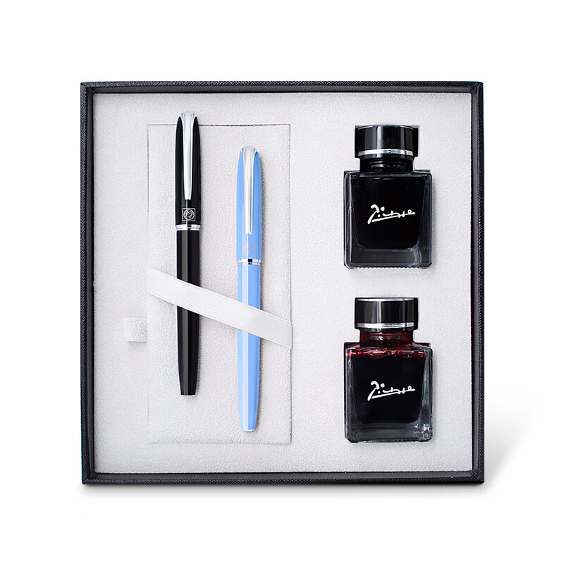 畢加索（pimio）鋼筆情人創(chuàng)意禮物個(gè)性情侶鋼筆特細(xì)財(cái)務(wù)定制銥金鋼筆 禮盒七夕生日送禮情侶對(duì)筆款可刻字 黑+藍(lán) 兩支0.38mm筆尖