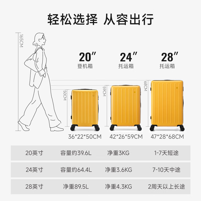 爱华仕(OIWAS)大容量多功能轻音耐用拉杆箱防刮花登机箱长途旅行箱可登机 黄色 28英寸