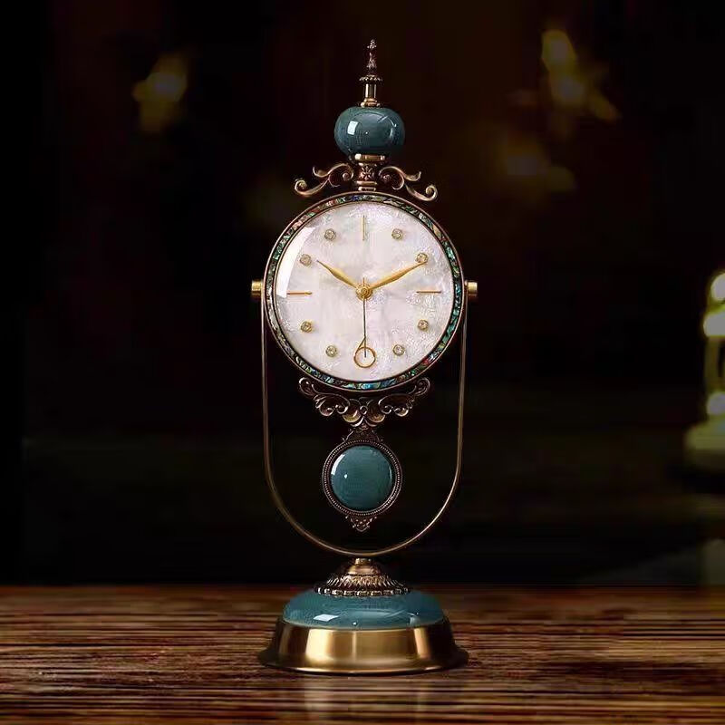 OYKTN欧式复古贝壳座钟客厅桌面台式时钟美式轻奢家用简约金属静音坐钟 贝壳镶钻【镀铜座钟】