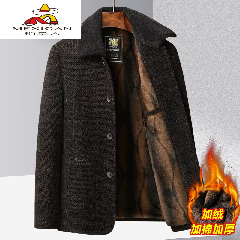 稻草人中老年男士加絨加厚毛呢外套爸爸冬裝雪尼爾棉衣老人爺爺呢子上衣 翻領(lǐng)/咖啡色紐扣款[加棉款] 加絨 XL 175建議110125斤