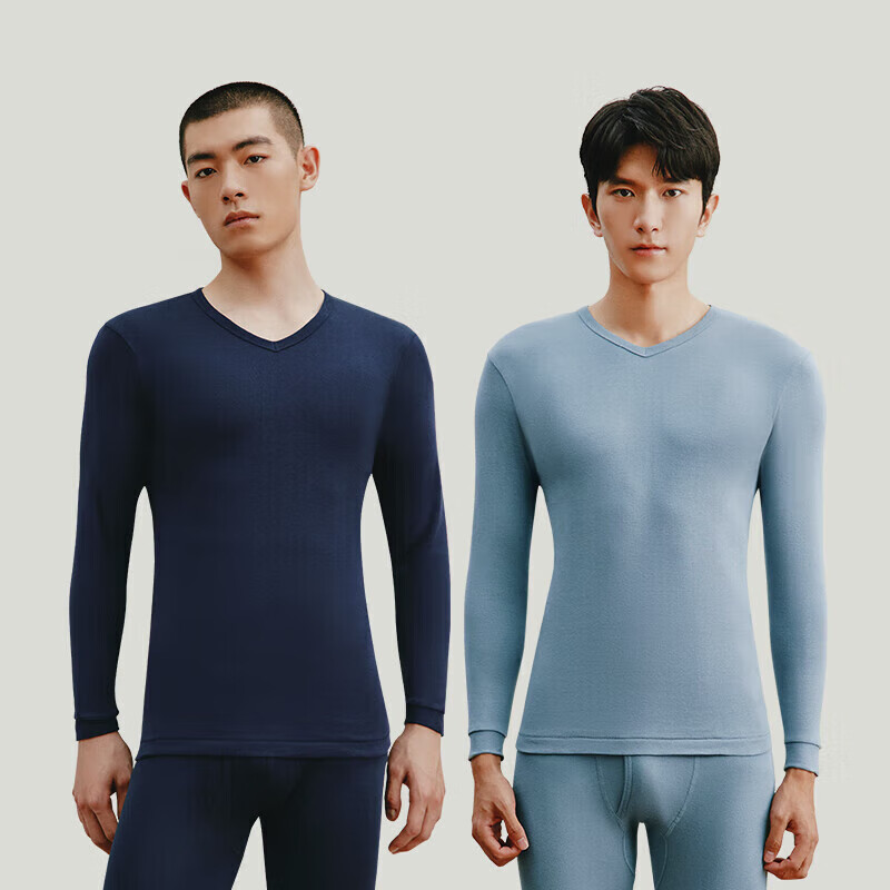 三枪（THREEGUN）[2件]保暖内衣男纯棉套装柔软透罗纹高弹秋衣秋裤秋冬季抗静电 【V领上衣】雾霾蓝+藏青 XL
