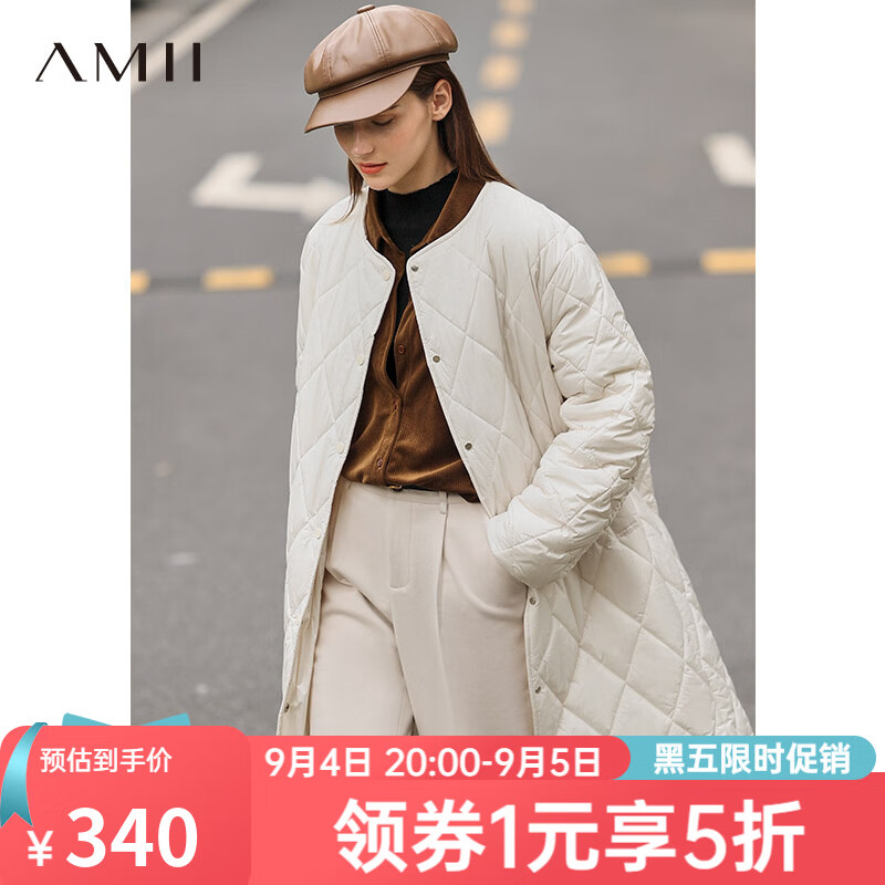 AMII開(kāi)學(xué)季換新裝冬季新款棉衣寬松菱格紋保暖棉服女棉衣棉服女設(shè)計(jì)感 米杏 均碼