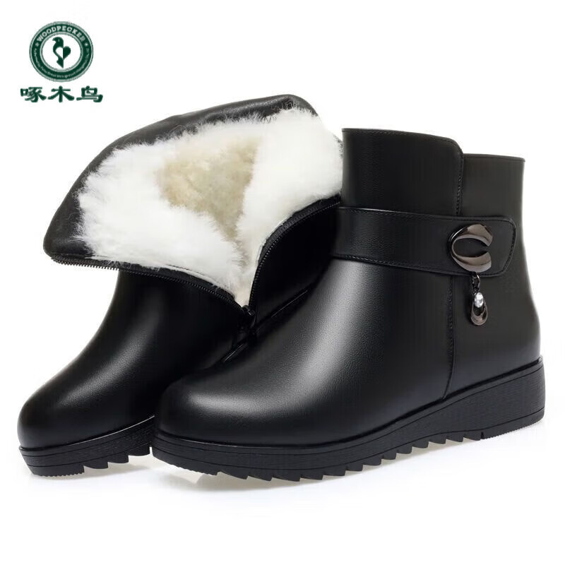 啄木鸟真皮妈妈棉鞋春季加绒靴子女士短靴软底防滑羊毛皮鞋中老年女鞋子 黑色(加绒) 38