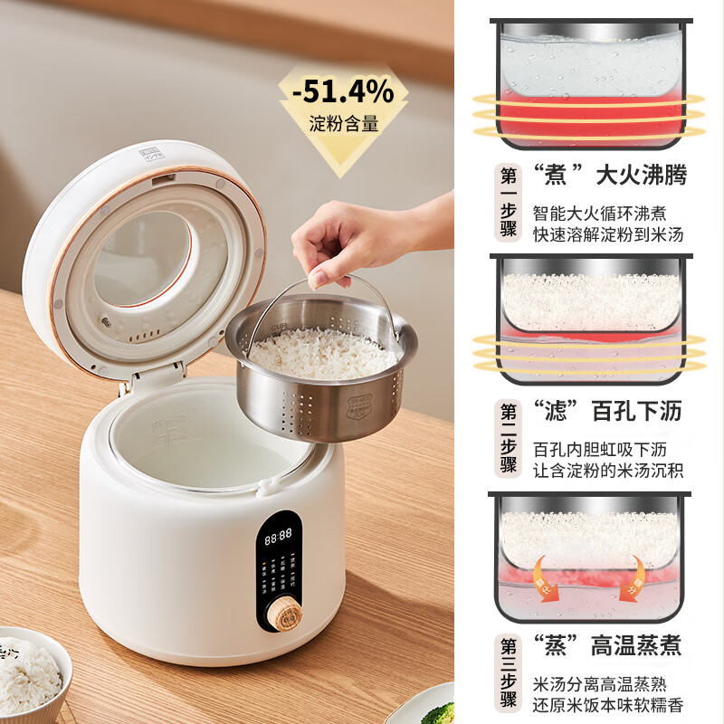 石崎成器日本 低糖电饭煲 降淀粉糖饭煲 电饭锅 米汤分离沥米饭微压1-2-3-4人家用2L多功能迷你不粘陶瓷钛 【升级款降淀粉含量51.4%】可视化丨米汤分离 2L