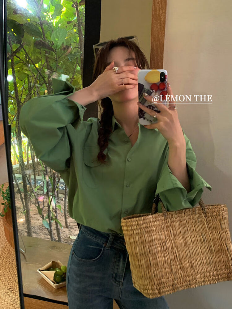 春秋季新款衬衫慵懒风小众减龄气质长袖女设计感小众宽松衬衫上衣 绿色茶歇法式上衣春日衬衫 S