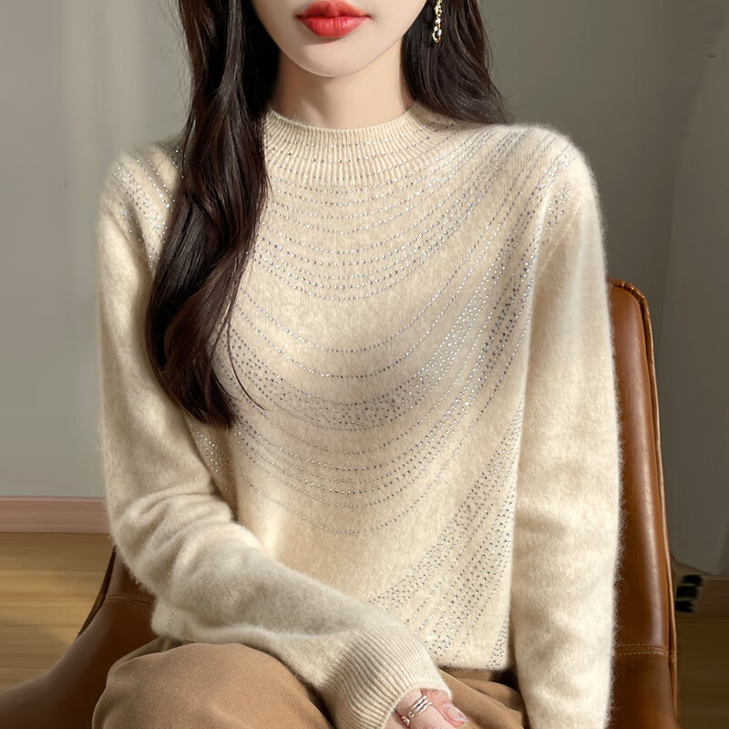 香影纯100%羊毛衫女半高领烫钻洋气打底衫女一线成衣毛衣女内搭针织衫女 安可拉红 2XL (建议125-135斤)