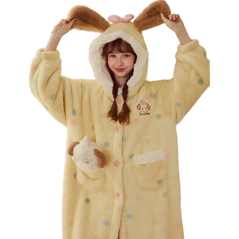 果殼（Gukoo）睡衣女冬季新款多款可愛(ài)女家居服保暖連帽卡通睡袍 奶黃 L