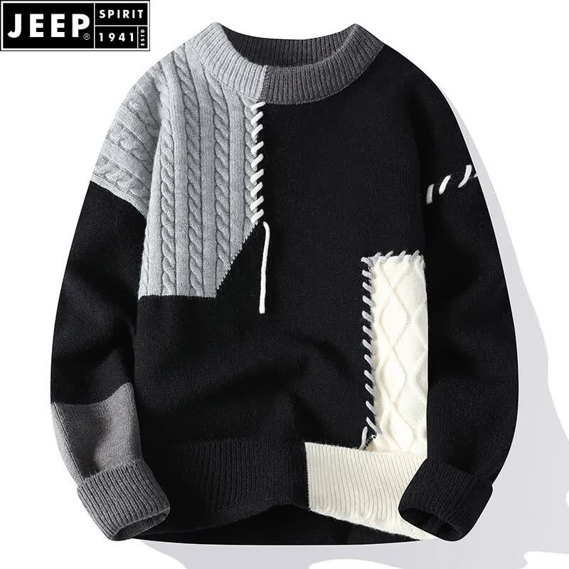 JEEP SPIRIT日系休闲春秋新款休闲圆领毛衣男潮流复古打底针织衫宽松毛衣男装 灰色 M