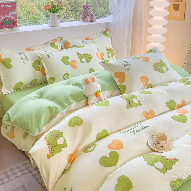 多兰诗（Duolanshi）春夏加厚磨毛四件套 ins四件套花卉田园风格床单被套四件套 心情爱恋M 1.2米 床单款 被套150*200 三件套