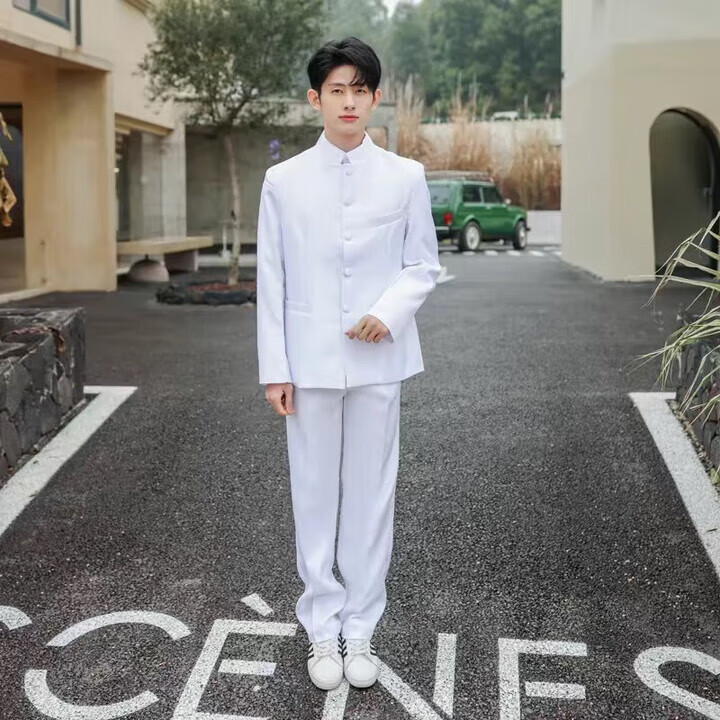 复古男班服舞台演出合唱表演服装中山装 双层白色中山服 裤子 布鞋