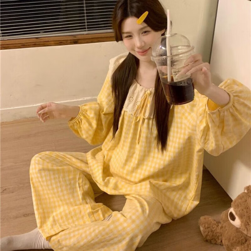 雅鹿睡衣家居服套装女春秋长袖格子甜美少女风女学生两件套长袖长裤 大蓝格碎花 L 【100-120斤】