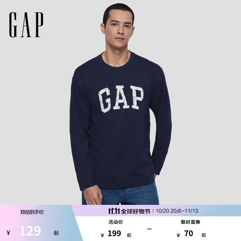 GAP男女装2025秋季新款logo纯棉宽松圆领长袖T恤休闲上衣 海军蓝 L (175/96A) 亚洲尺码
