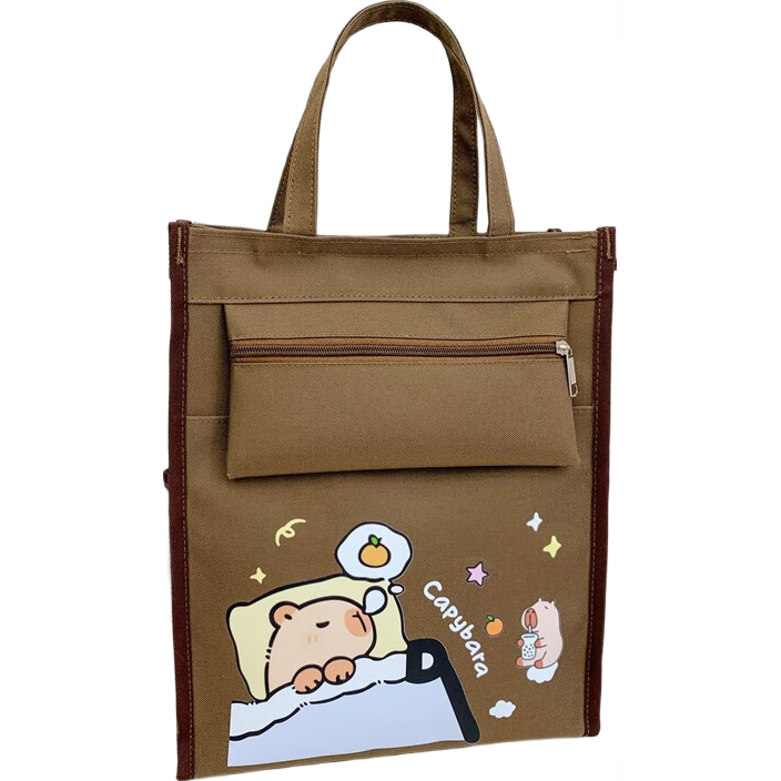 小学生卡通补习袋女孩防水儿童手拎袋可爱卡通美术袋超轻补课书包 ZW-0861#咖色卡皮巴拉
