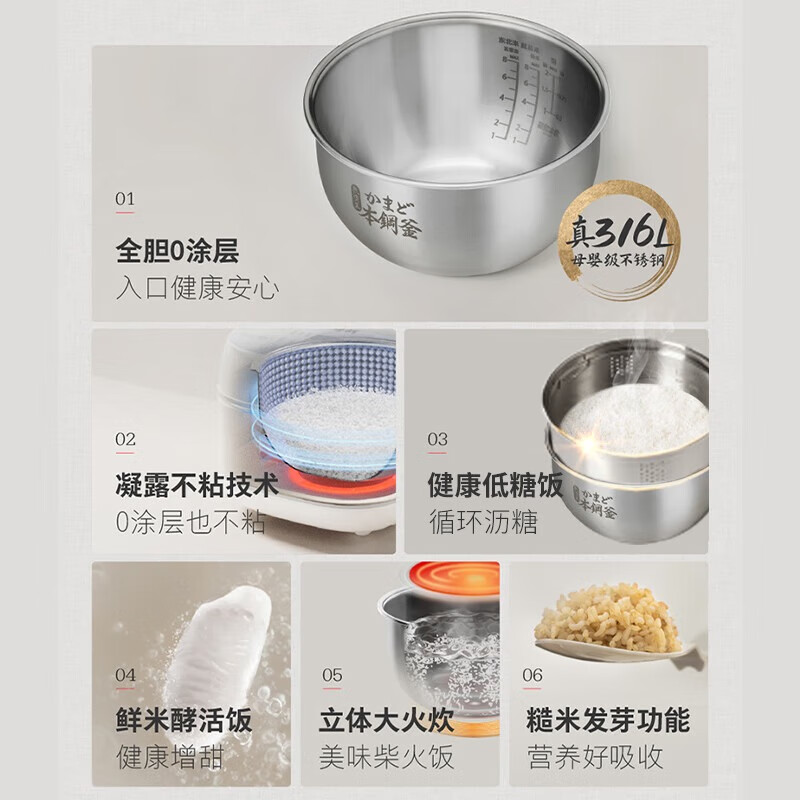 东芝(TOSHIBA)【重磅新品】白珍珠0涂层电饭煲4-5人无涂层不锈钢IH低糖电饭煲4升容量 RC-15HOVC(W) 米白色 4L 健康低糖