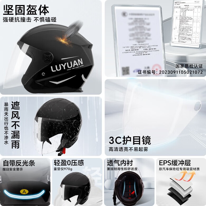 绿源(Luyuan)电动车头盔冬季A类防冻保暖防雾男女通用3C认证大号码半盔秋冬四季款电瓶车安全帽 星夜黑【3C防雾镜+可开启通风】