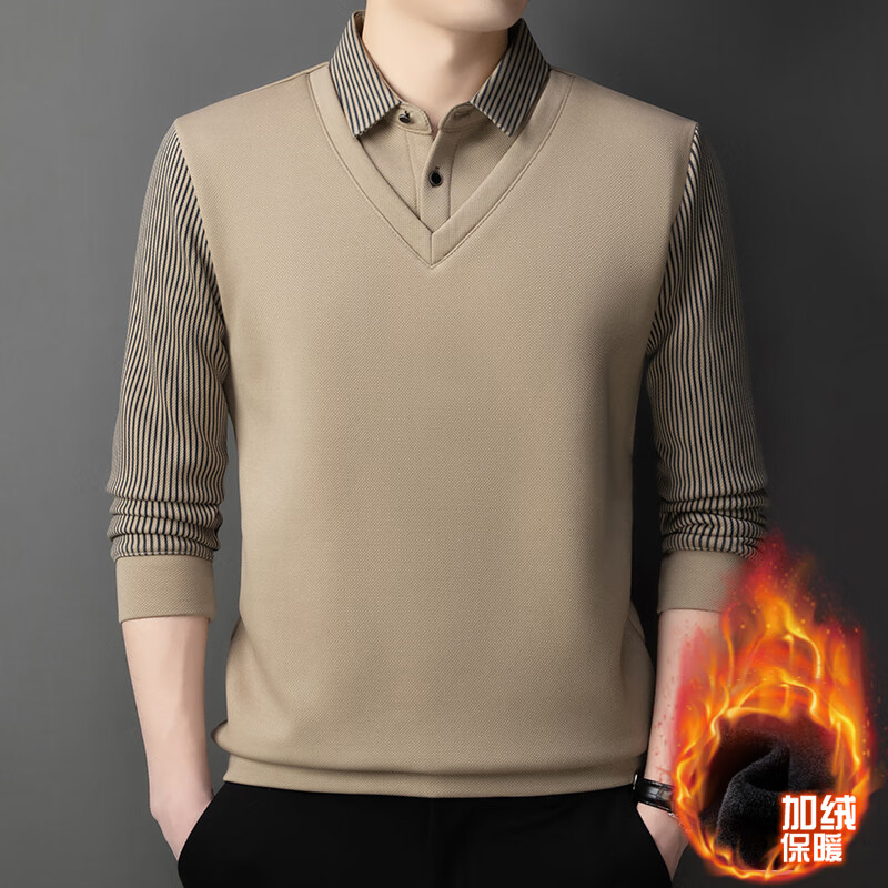 【秋冬爆款】高档男士加绒加厚休闲上衣 衬领卫衣 时尚百搭polo衫 浅卡其 4XL /190【建议190斤-210斤】