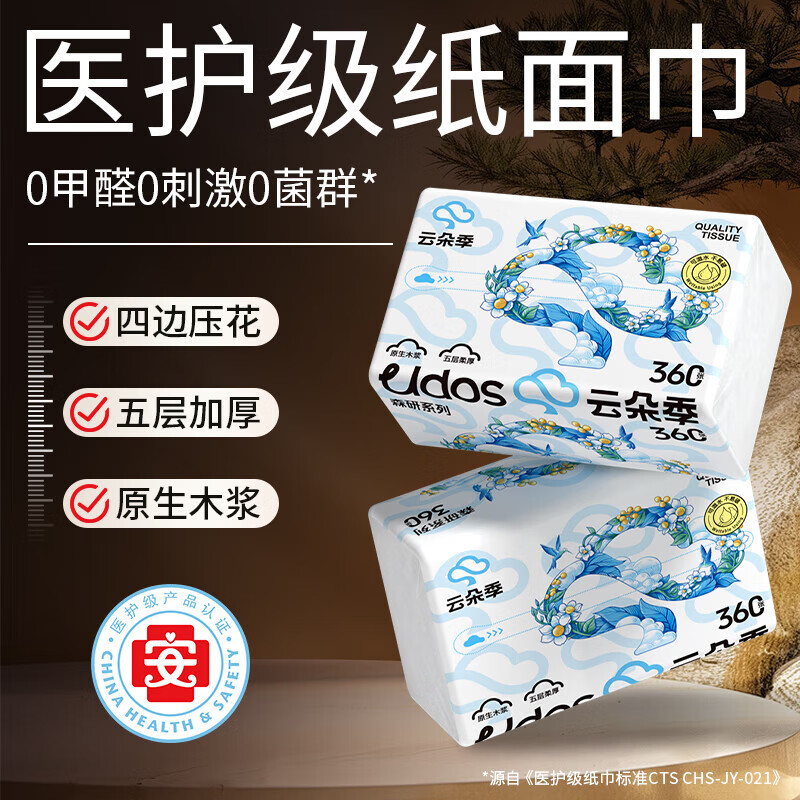 云朵季纸巾抽纸整箱家用优等品面巾纸M码大尺寸餐巾纸可湿水擦手卫生纸 5层 360张*40包