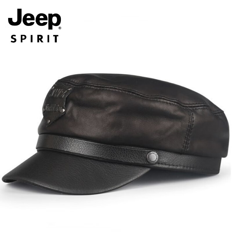 JEEP羊皮真皮帽子潮鸭舌男女平顶朋克秋冬季军帽英伦中老年人机车冬天 黑色羊皮 M 大码XXL(适合59-60c围)
