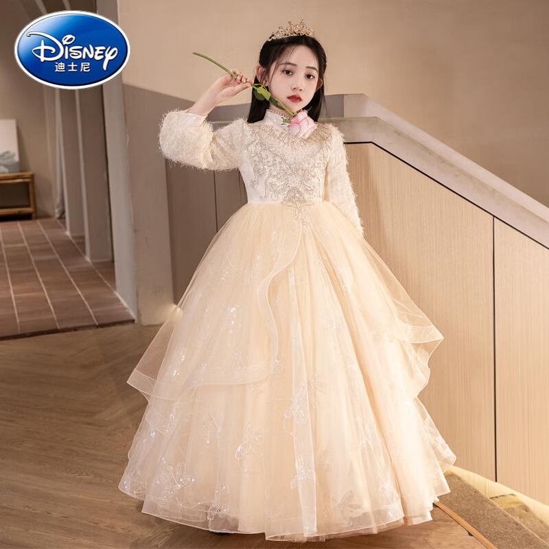 迪士尼(Disney)女童礼服主持人秋冬花童小女孩高端轻奢儿童生日公主裙钢琴出演服 1518长款香槟不加绒 关注送水晶皇冠 160 cm