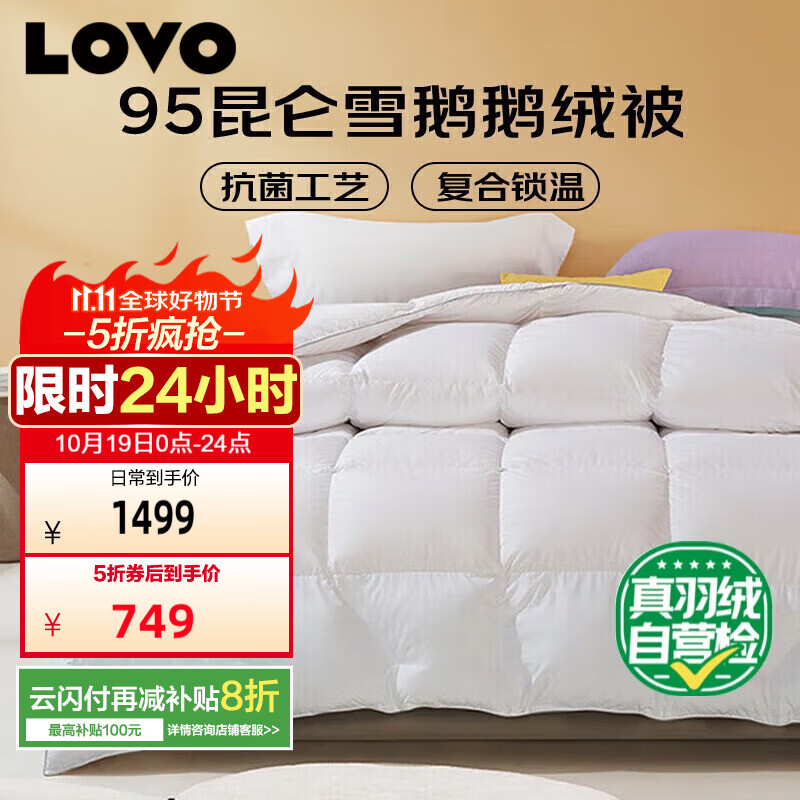 LOVO罗莱生活A类 复合95昆仑雪鹅白鹅绒被 抗菌冬被子1100g220*240cm