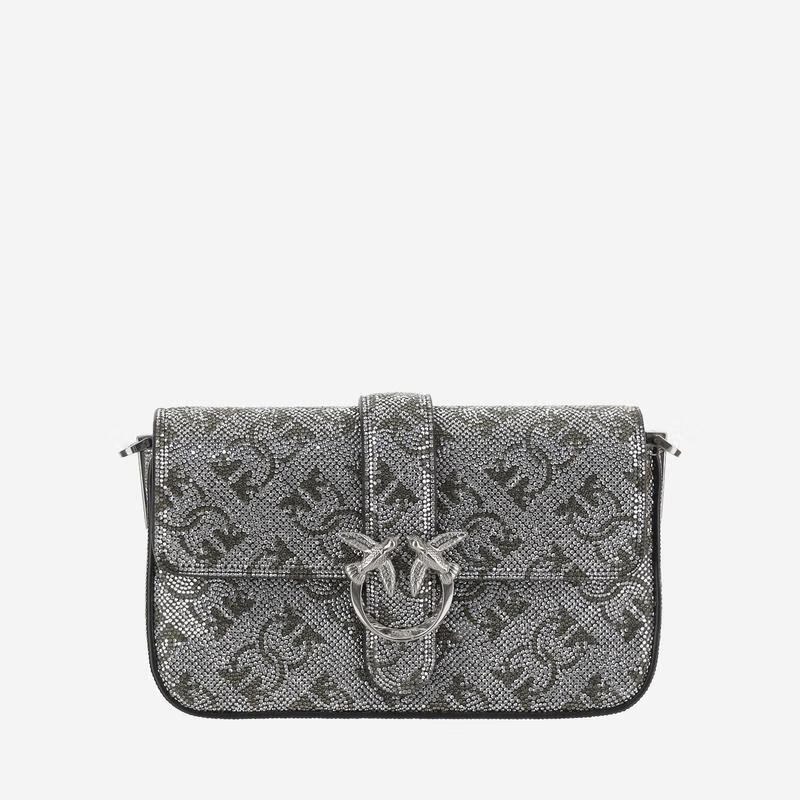 PINKO女士單肩包可拆卸肩帶水鉆裝飾金屬扣件翻蓋設(shè)計聚氯乙烯表層 銀色 TU