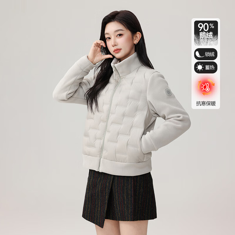 雪中飞鹅绒外套女2025秋冬新款奥粒绒拼接情侣款羽绒上衣 米灰色 L