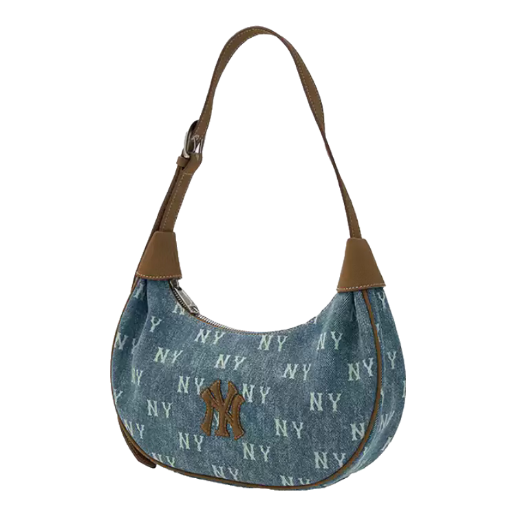 MLB官方 男女士单肩包牛仔老花时尚可调腋下包潮流斜挎包生日礼物 纽约洋基队/浅蓝色 F