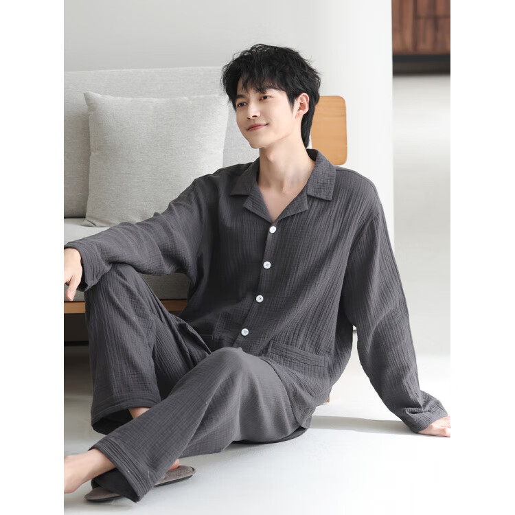 猫人（MiiOW）高端纯棉男士睡衣春秋款长袖2026款宽松大码可外穿家居服开衫套装 5130 L