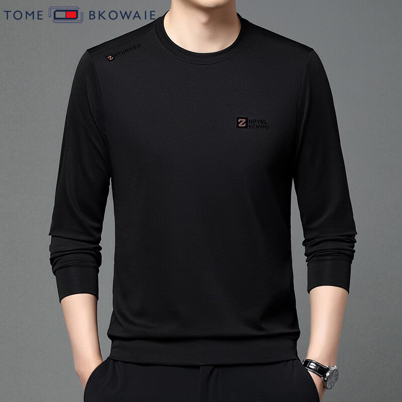 汤米芙兰可双面奥粒绒长袖t恤男2025年新款加绒保暖宽松套头圆领印花卫衣 912黑色不加绒薄款 L (170)（建议120-140斤）