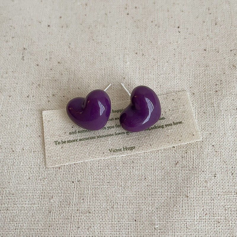 半日逅屿彩色滴油爱心耳钉女早秋新款简约甜美精致时尚潮流百搭耳 紫色耳环
