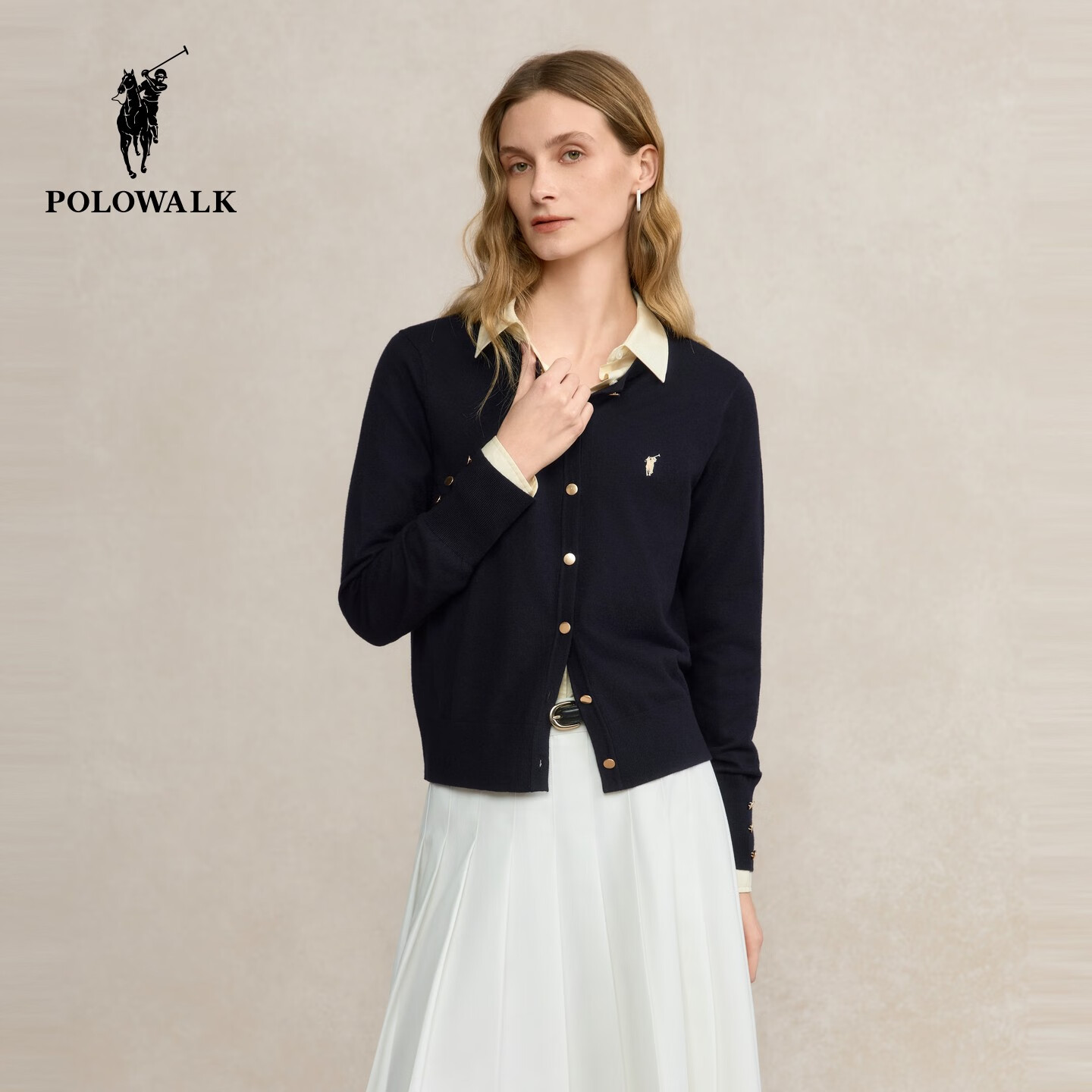 POLOWALK女士针织衫秋圆领开衫时尚百搭经典复古款毛衣早春针织开衫 藏青 【新款】 L (165)